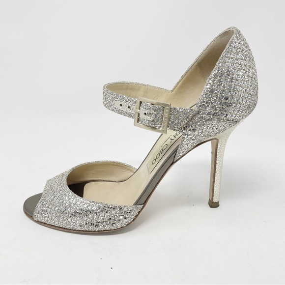 Jimmy Choo Silver Metallic Lace Glitter Mary Jane Sparkle Wedding Peep Toe Heels - Picture 1 of 10